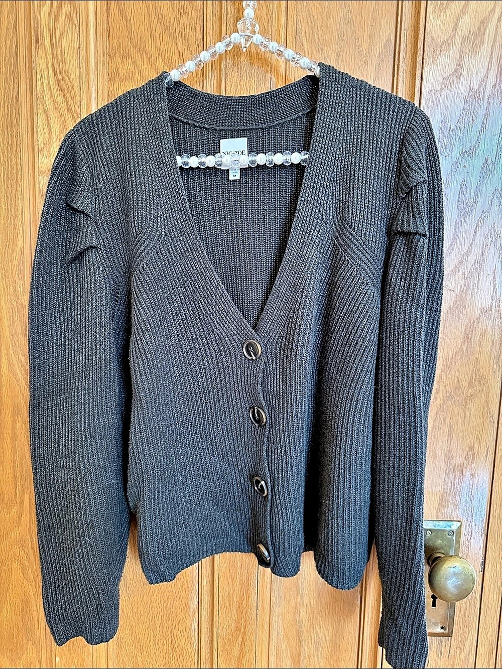 NIC+ZOE | grey/green rib Knit Cardigan with pleated shoulder detail size M